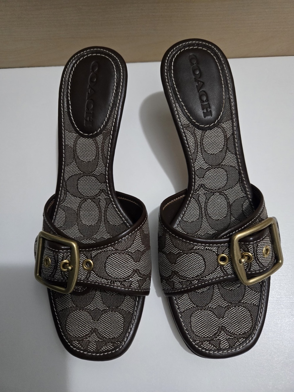 Coach Brown Signature Canvas Slide Mules with Buckle